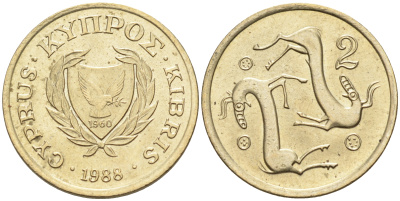 Кипр 2 цента 1988  KM 54.2 никель латунь    4115-413