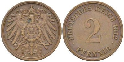 Германия 2 пфеннига 1912 D KM 16, J. 11, Weege 4 медь 206-625