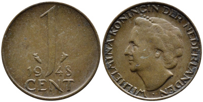 Нидерланды 1 цент 1948 Вильгельмина (1890-1948), год тип KM 175 бронза 4392-424