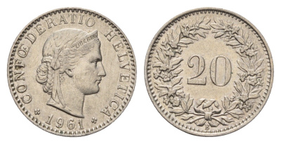 Швейцария 20 раппенов 1961 KM 29a медно-никель 4685-265