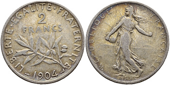 ФРАНЦИЯ 2 ФРАНКА 1904 KM 845.1 серебро 3334-242