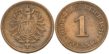 Германия 1 пфенниг 1874 D, Вильгельм I (1871-1888) KM 1, J. 1 медь 4608-548