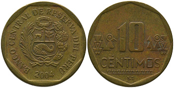 Перу 10 сентимо 2004 LIMA KM 305.4, Schon 104 латунь 4543-831