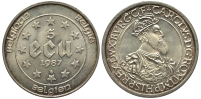Бельгия 5 экю 1987 30 лет Римскому договору, Карл V Габсбург (1500-1558) KM 166 серебро UNC 443-1031