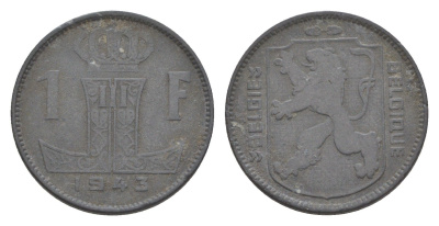 Бельгия 1 франк 1943 Belgique - Belgie, Леопольд III (1934-1947), германская оккупация, Вторая мировая война KM 128 цинк 4636-228