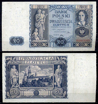 Польша 20 злотых 1936 Pick 77 бумага 7552-9-2-1