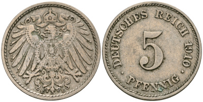 Германия 5 пфеннигов 1910 E, KM 11, Jager 12, Weege 6 медно-никель 08-1345