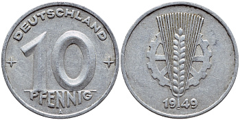 ГДР 10 ПФЕННИГОВ 1949 А KM 3 алюминий 4398-753