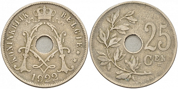 БЕЛЬГИЯ 25 САНТИМОВ 1922 BELGIE KM 69 медно-никель 87-1531