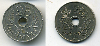 ДАНИЯ 25 ЭРЕ 1972 S; S, ФРЕДЕРИК IX (1947-1972) KM 855.2 медно-никель 54-1164