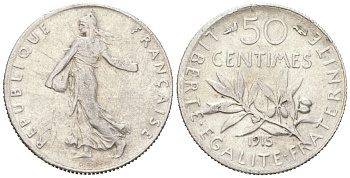 Франция 50 сантимов 1915 KM 854 серебро 4617-755