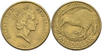 Новая Зеландия 1 доллар 1991 Елизавета II (1952-2022), птица киви KM 78 алюминиевая бронза 29-544