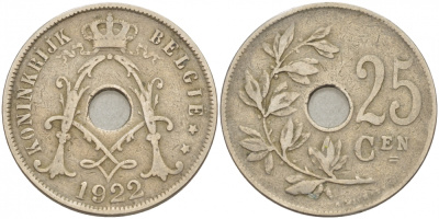 БЕЛЬГИЯ 25 САНТИМОВ 1922 BELGIE KM 69 медно-никель 87-1531