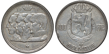Бельгия 100 франков 1950 Belgique, королевская династия KM 138.1 серебро    1530-623