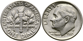 США 10 ЦЕНТОВ = 1 ДАЙМ 1985 P, РУЗВЕЛЬТ KM 195а медь плакированная медно-никелем 46-2443