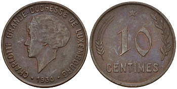 Люксембург 10 сантимов 1930 Шарлотта (1918-1964) KM 41 бронза 4577-626