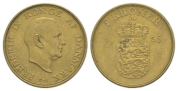 Дания 2 кроны 1956 C, Фредерик IX (1947-1972) KM 838 алюминиевая бронза 4634-536