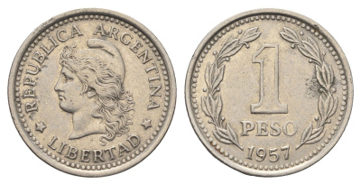 Аргентина 1 песо 1957 KM 57 сталь плакированная никелем 4663-624
