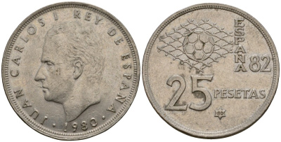 Испания 25 песет 1980 Чемпионат мира по футболу в Испании 1982, Хуан Карлос I (1975-2014) KM 818 медно-никель 183-231