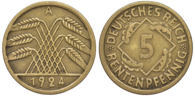 Германия 5 рентенпфеннигов 1924 A KM 32, J. 308 алюминиевая бронза 4602-635