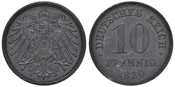 Германия 10 пфеннигов 1920 KM 26, J. 299, Weege 8 цинк 4119-341