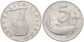 ИТАЛИЯ 5 ЛИР 1952 R, ДЕЛЬФИН, РУЛЬ KM 92 алюминий 4551-112