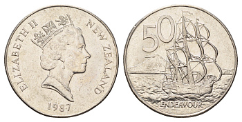 Новая Зеландия 50 центов 1987 Елизавета II (1952-2022), парусник Индевор KM 63 медно-никель 4672-322