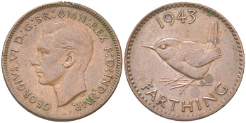 Великобритания 1 фартинг 1943 Георг VI (1936-1952) KM 843, Spink 4116 бронза 4613-513