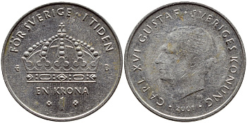 Швеция 1 крона 2001 Карл XVI Густав (1973- ) KM 894 медно-никель 4364-2444