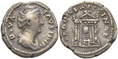 Римская Империя денарий 141 Фаустина Старшая, жена Антонина Пия, DIVA FAVSTINA, бюст императрицы / AED DIV FAVSTINA, храм Божественной Фаустины, Рим, 3,21 гр RIC 343 серебро 1073-18-11