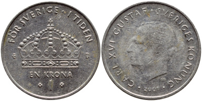 Швеция 1 крона 2001 Карл XVI Густав (1973- ) KM 894 медно-никель 4364-2444