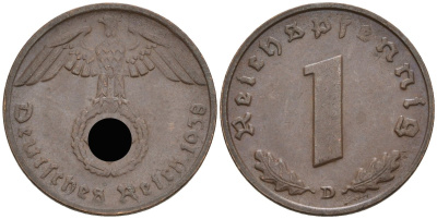 Германия 1 рейхспфенниг 1938 D KM 89, J 361 бронза 4136-458