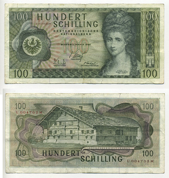 Австрия 100 шиллингов 1969 Анжелика Кауфманн, "Монфор" герб Форарльберга Pick 145a бумага 6294-2-3-1