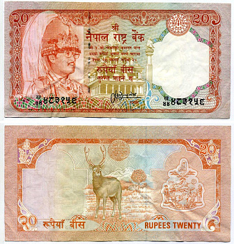 Непал 20 рупий 1995-2000 подпись 13, ДЛИННА НОМЕРА СЕРИИ 20 мм. Pick 38b(2) бумага VF-XF 2119-39-3-1