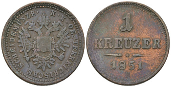 Австрия 1 крейцер 1851 B, Франц Иосиф I (1848-1916) KM 2185 медь 4615-551