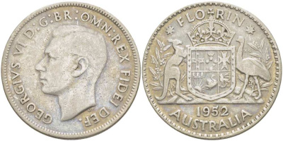 АВСТРАЛИЯ 1 ФЛОРИН 1952 ГЕОРГ VI (1937-1952), ГЕРБ АВСТРАЛИИ, ПРОБА 500, ДИАМЕТР 28,5 ММ. KM 48 серебро 4512-1232