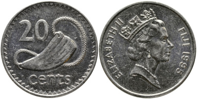 Фиджи 20 центов 1995 Елизавета II (1952-2022), китовый зуб KM 53а сталь плакированная никелем 4536-243