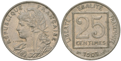 Франция 25 сантимов 1903 KM 855 никель 113-625