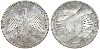 ФРГ 10 марок 1972 G, XX летние Олимпийские игры 1972 года в Мюнхене, символика KM 131, J.402 серебро aUNC 4178-814