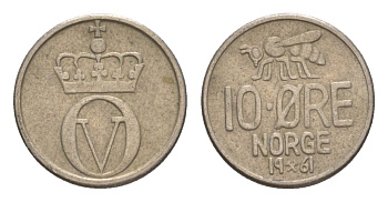 Норвегия 10 эре 1961 Улаф V (1957-1991) KM 411 медно-никель 4632-1147