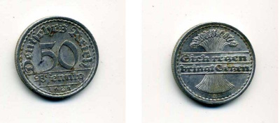 ГЕРМАНИЯ 50 ПФЕННИГОВ 1921 A KM 27, J. 301 алюминий 35-1235