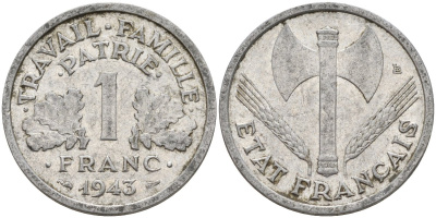 Франция 1 франк 1943 LB, тип Lourde, правительство Виши KM 902.1 алюминий 4142-926