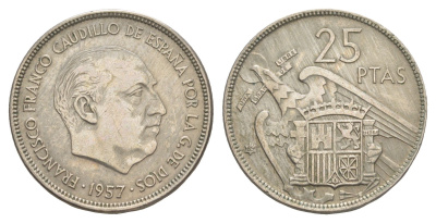 Испания 25 песет 1957 (65) Франсиско Франко (1939-1975) KM 787 медно-никель 4538-427