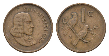ЮАР 1 цент 1966 Ян ван Рибек (1619-1677), Suid Africa, легенда на африкаанс, капские воробьи KM 65.2 бронза 4690-1164