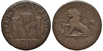 Гибралтар 2 кварты 1810 токен, Роберт Килинг и сыновья, равна двум четвертинкам KM Tn 4.1 медь 441-144