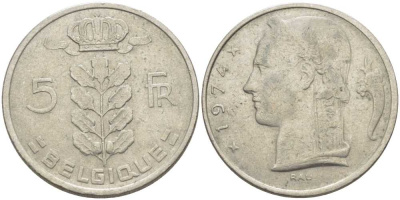 БЕЛЬГИЯ 5 ФРАНКОВ 1974 BELGIQUE, БОДУЭН I (1951-1993) KM 134.1 медно-никель 119-733