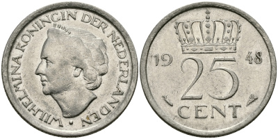 НИДЕРЛАНДЫ 25 ЦЕНТОВ 1948 ВИЛЬГЕЛЬМИНА KM 178 никель 96-116