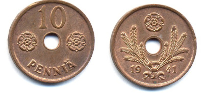 ФИНЛЯНДИЯ 10 ПЕННИ 1941 KM 33.1 медь 51-4938