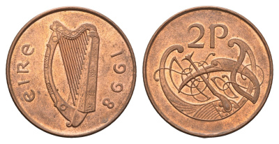 Ирландия 2 пенса 1998 Виньетка в виде стилизованной птицы из второй библии Карла II Лысого KM 21a сталь плакированная медью UNC 4176-756