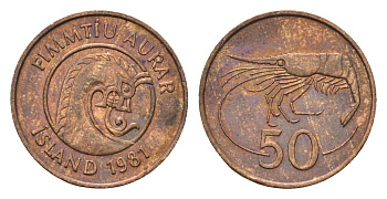 Исландия 50 эйре 1981 креветка KM 26 бронза 4696-356